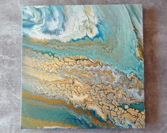 Fluid Acrylic Abstract Painting 50x50cm - White, Turquise and Gold