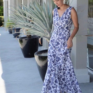 linen maxi dress/linen dress/white & blue linen dress/ wrap dress/ summer dress/ women linen dress