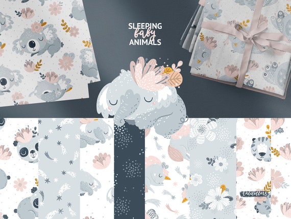 Download Baby Animals Digital Paper Pack Seamless Patterns Sleeping Etsy