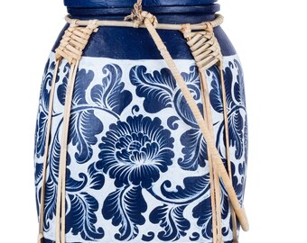 Large Blue & White Floral Design Thai Rice Box / Storage Box / Bamboo Basket / Jewelry Box / Coffee Box / Tea Box / Storage Basket