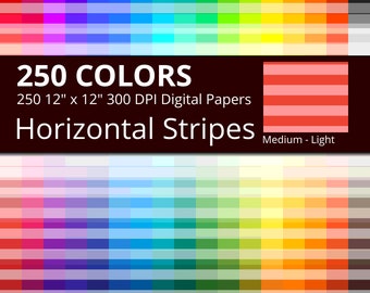 250 Horizontal Stripes Digital Paper Pack with 250 Colors, Rainbow Colors Medium Light Horizontal Stripes Pattern Scrapbooking Paper