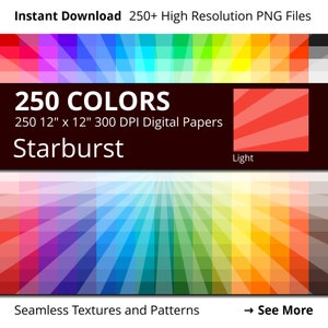 Tinted Starburst Digital Paper Pack, 250 Colors Digital Paper Sunburst Scrapbooking Paper, Rainbow Colors Light Starburst Pattern