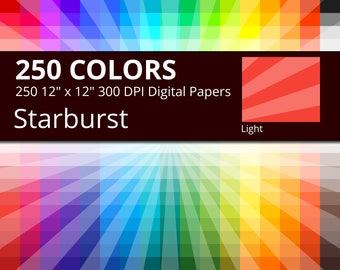 250 Tinted Sunburst or Starburst Digital Paper Pack with 250 Colors, Rainbow Colors Light Starburst Sun Rays Pattern Scrapbooking Paper