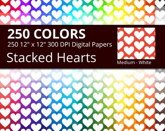 250 White Hearts Digital Paper Pack with 250 Colors, Rainbow Colors Medium White Heart Pattern Scrapbooking Paper Download