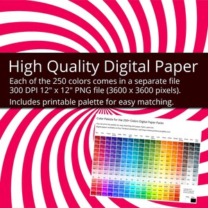 May include: A digital paper pack with 250 colours in a twisted starburst pattern. Each colour is a 12-inch by 12-inch, 300 DPI PNG file. The pack also includes 4 free rainbow papers.