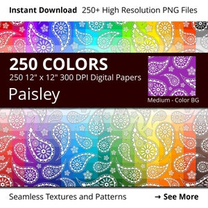 May include: A digital paper set featuring a colorful paisley pattern. The image displays a variety of colors, including red, orange, yellow, green, blue, and purple. The text reads "250 Colors, 250 12" x 12" 300 DPI Digital Papers, Paisley". The image also includes the text "Instant Download" and "Seamless Textures and Patterns".