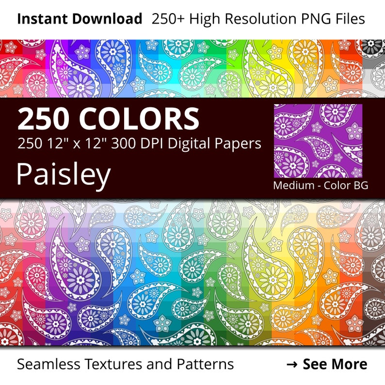 May include: A digital paper set featuring a colorful paisley pattern. The image displays a variety of colors, including red, orange, yellow, green, blue, and purple. The text reads "250 Colors, 250 12" x 12" 300 DPI Digital Papers, Paisley". The image also includes the text "Instant Download" and "Seamless Textures and Patterns".