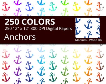 Anchor Digital Paper Pack, 250 Colors Nautical Digital Paper Anchor Pattern, Tilted Anchors Papers, Medium Anchor on White Background