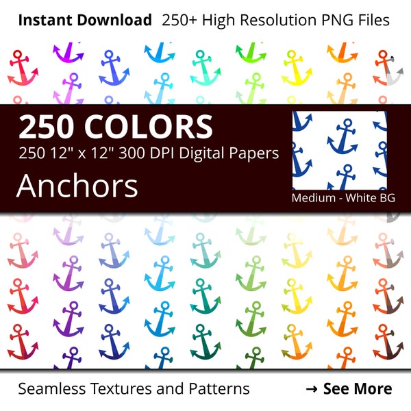 Anchor Digital Paper Pack, 250 Colors Nautical Digital Paper Anchor Pattern, Tilted Anchors Papers, Medium Anchor on White Background