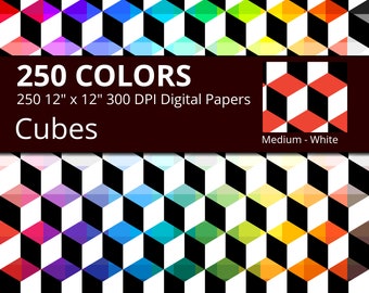 Black & White Cubes Digital Paper Pack, Rainbow Colors Digital Paper Cubes, Geometric Digital Paper Cube Pattern, Cube background