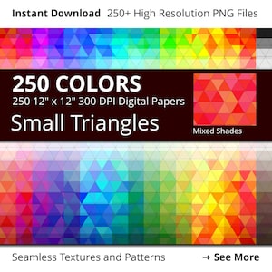 May include: 250 digital papers featuring small triangles in a variety of colors. Each paper is 12 inches by 12 inches and 300 DPI. The papers are seamless textures and patterns.