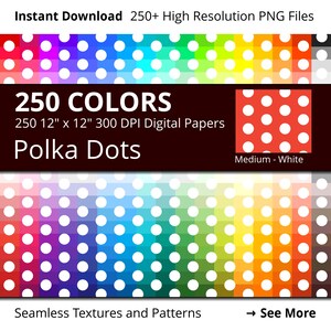White Polka Dots Digital Paper Pack, 250 Colors Polka Dots Scrapbooking Paper Download, Rainbow White Dots, Medium White Polka Dots