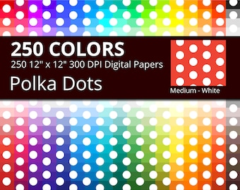 250 White Polka Dots Digital Paper Pack with 250 Colors, Rainbow Colors Medium White Polka Dots Pattern Scrapbooking Paper Download