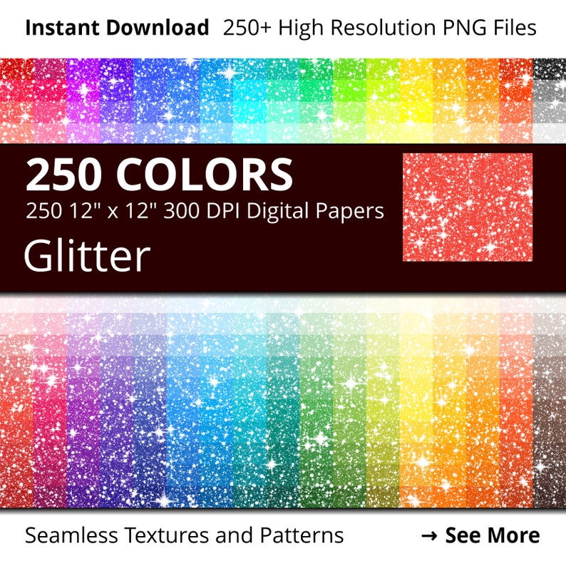 Glitter Digital Paper Pack, 250 Colors Digital Glitter Texture Sparkle Scrapbooking Paper Download, Rainbow Glitter Digital Papers Pack image 1