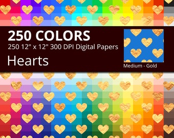 250 Golden Hearts Digital Paper Pack with 250 Colors, Rainbow Colors Gold Heart Pattern Digital Scrapbooking Paper