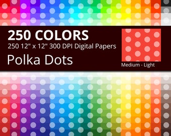 250 Polka Dots Digital Paper Pack with 250 Colors, Rainbow Colors Medium Tinted Polka Dots Pattern Scrapbooking Paper Download