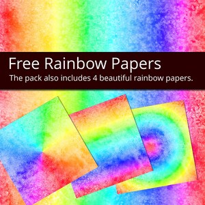May include: Four digital paper designs featuring rainbow watercolor patterns. The pack also includes 4 beautiful rainbow papers.