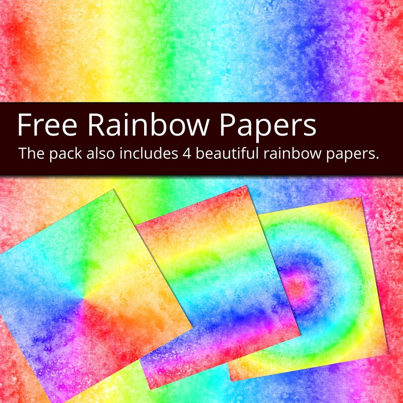 May include: Four digital paper designs featuring rainbow watercolor patterns. The pack also includes 4 beautiful rainbow papers.