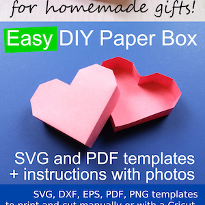 Valentine&#39;s Day DIY Heart Paper Box Template PDF for hand cutting + SVG for Cricut & Silhouette, 3D Papercraft box with lid,  Valentine svg