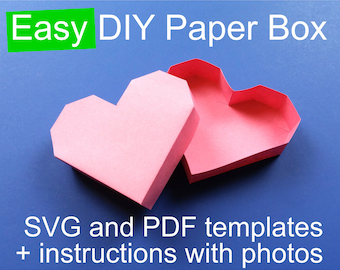 Valentine's Day DIY Heart Paper Box Template PDF for hand cutting + SVG for Cricut & Silhouette, 3D Papercraft box with lid,  Valentine svg