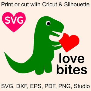 Love Bites SVG Dinosaur with Heart SVG Valentine SVG Dinosaur svg t-rex dxf, Dinosaur Love Bites clipart, Dinosaur eating heart Cricut file