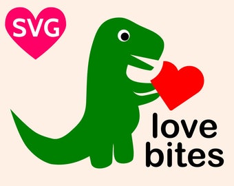 Love Bites SVG design for Valentine's Day featuring an adorable baby Dinosaur eating a heart