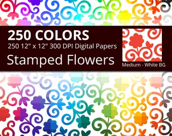 Stamped Flowers Digital Paper Pack, 250 Colors Vintage Floral Digital Paper, Victorian Flower Pattern, Flower Bed on White Background