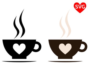 Coffee Cup SVG File for Cricut and Silhouette, Smoking Coffee Cup Clipart, Hot Coffee Cup Clip Art, Love Coffee Design, Heart Cup and Saucer