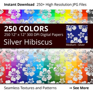 Hibiscus Flowers Silver Digital Paper Pack, Rainbow Colors Digital Paper Silver Hibiscus Pattern, Silver Hawaii Floral Digital Papers