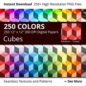以下が含まれることがあります： カラフルな3Dキューブパターンを特徴とする250のデジタルペーパー。各ペーパーは12インチ×12インチ、300 DPIです。シームレスなテクスチャとパターンです。