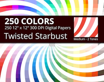 250 Twisted Digital Paper Starburst, Sunburst Swirl Digital Paper Pack with 250 Colors, Rainbow Colors White Twisted Starburst Pattern