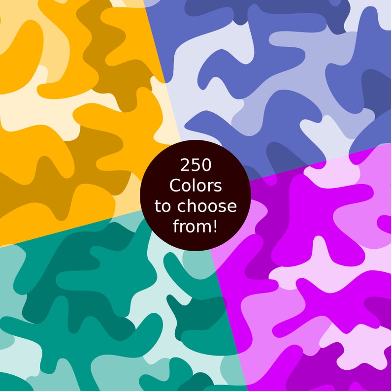 May include: A digital illustration of four squares with different camouflage patterns in yellow, blue, green, and purple. The text "250 Colors to choose from!" is in a black circle in the center of the image.