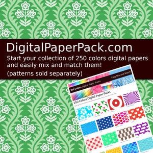 May include: A digital paper pack with 250 colors. The image shows a variety of patterns, including flowers, stars, hearts, and stripes. The text on the image reads "250 Colors Digital Paper Packs" and "Easy Mix and Match".