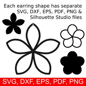 May include: Four different earring shapes in black and white. The shapes are a flower, a five-pointed star, a circle with four petals, and a four-pointed star. Each earring shape has separate SVG, DXF, EPS, PDF, PNG & Silhouette Studio files.