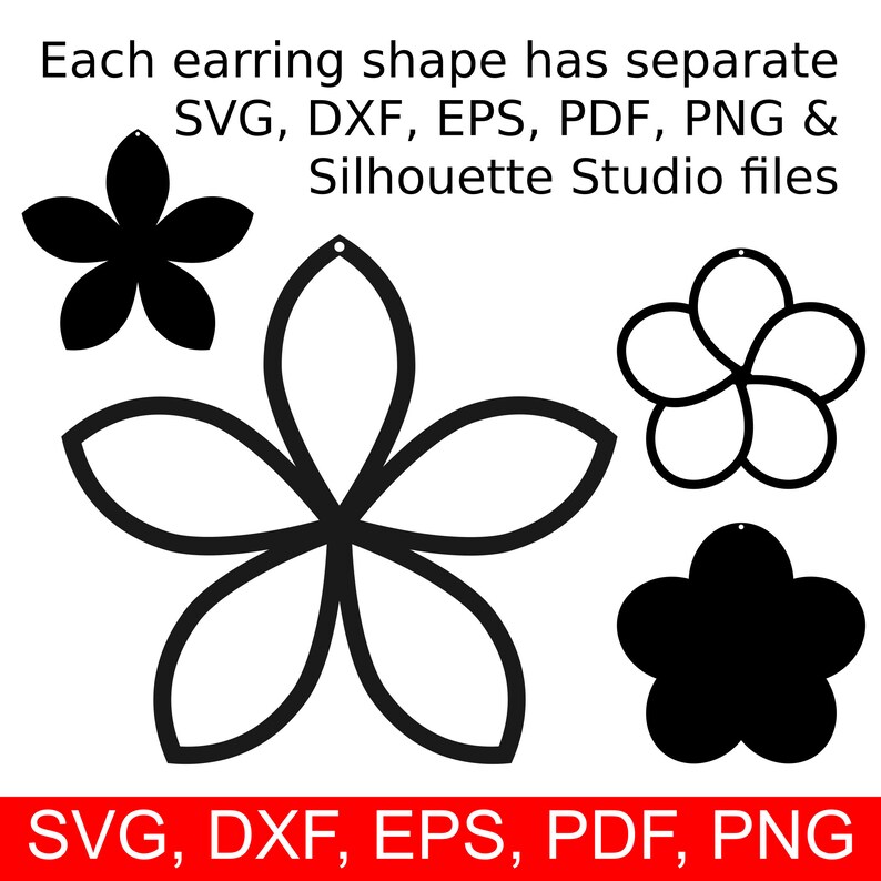 May include: Four different earring shapes in black and white. The shapes are a flower, a five-pointed star, a circle with four petals, and a four-pointed star. Each earring shape has separate SVG, DXF, EPS, PDF, PNG & Silhouette Studio files.