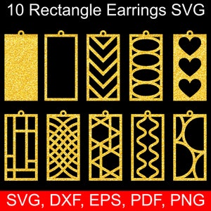 May include: Ten gold rectangle earring designs with various geometric patterns, including hearts, chevrons, and circles. The designs are on a black background.  SVG, DXF, EPS, PDF, PNG.
