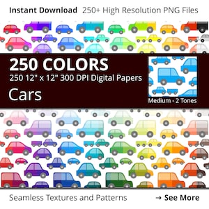 Cars Digital Paper Pack, 250 Colors Vehicles Digital Paper Cars in Rainbow Colors, Digital Background Cars, Cars Backdrop for Boys Girls