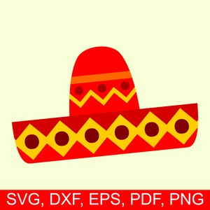 May include: A red and yellow sombrero with a zig-zag pattern and yellow circles.