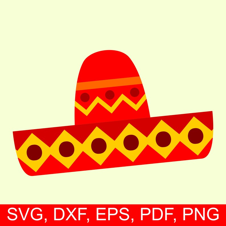 May include: A red and yellow sombrero with a zig-zag pattern and yellow circles.