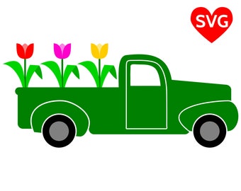 Spring Truck SVG File for Cricut and Silhouette, Spring Truck with Tulips SVG and printable clipart