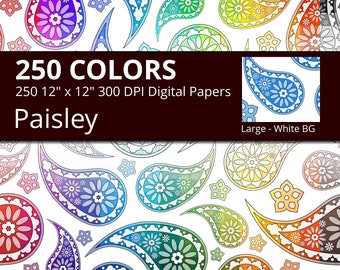 Floral Paisley Digital Paper Pack, 250 Colors Flower Digital Paper Paisley Pattern, Printable Large Seamless Paisley on White Background
