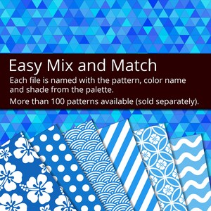 Puede incluir: Una colecci&oacute;n de seis hojas de papel con patrones azules y blancos. Cada hoja presenta un patr&oacute;n diferente, incluyendo lunares, olas, rayas y flores. El texto "Easy Mix and Match" se muestra en la parte superior de la imagen. El texto debajo dice "Cada archivo se nombra con el patr&oacute;n, el nombre del color y la sombra de la paleta. M&aacute;s de 100 patrones disponibles (se venden por separado)."