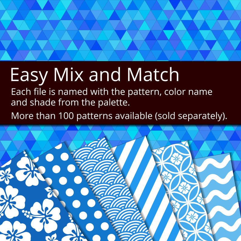 Puede incluir: Una colecci&oacute;n de seis hojas de papel con patrones azules y blancos. Cada hoja presenta un patr&oacute;n diferente, incluyendo lunares, olas, rayas y flores. El texto "Easy Mix and Match" se muestra en la parte superior de la imagen. El texto debajo dice "Cada archivo se nombra con el patr&oacute;n, el nombre del color y la sombra de la paleta. M&aacute;s de 100 patrones disponibles (se venden por separado)."