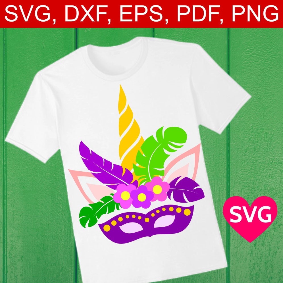 Unicorn Face with a Mask, Feathers and Flowers for Mardi Gras, SVG cut file and Printable Clipart