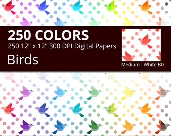 Vintage Bird Digital Paper Pack, 250 Colors Digital Paper Bird Background, Medium Digital Scrapbooking Bird Pattern on White Background