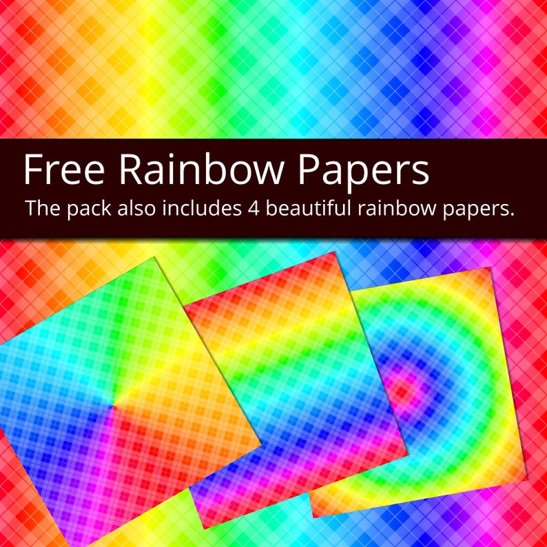 May include: Four digital papers with rainbow coloured patterns. The papers feature a checkered pattern, a spiral pattern, and a radial pattern. The text "Free Rainbow Papers" is displayed at the top of the image. The text "The pack also includes 4 beautiful rainbow papers." is displayed below the title.