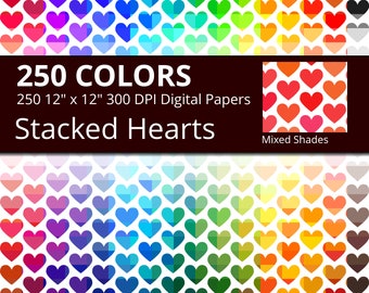 250 White Hearts Digital Paper Pack with 250 Colors, Rainbow Colors Medium White Heart Pattern Scrapbooking Paper Download