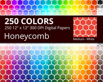 250 White Honeycomb Digital Paper Pack with 250 Colors, Rainbow Colors White Honeycomb Pattern Scrapbooking Paper with Hexagonal Tiles