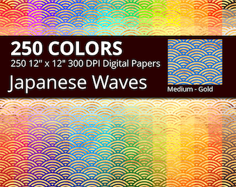 250 Golden Japanese Sea Waves Digital Paper Pack with 250 Colors, Rainbow Colors Gold Waves Pattern Digital Scrapbooking Paper Download