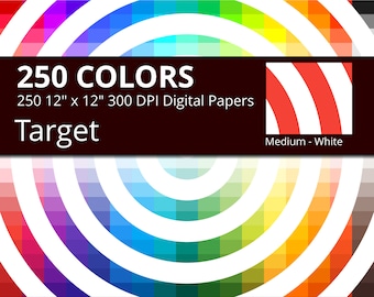 250 White Target Digital Paper Pack with 250 Colors, Rainbow Colors Medium White Target Concentric Circles Pattern Scrapbooking Paper